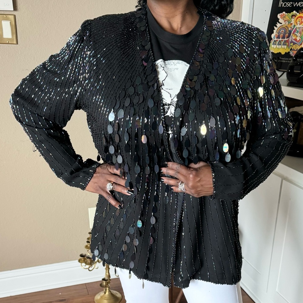 ShoMax‎ Vintage Black Silk Sequin Jacket